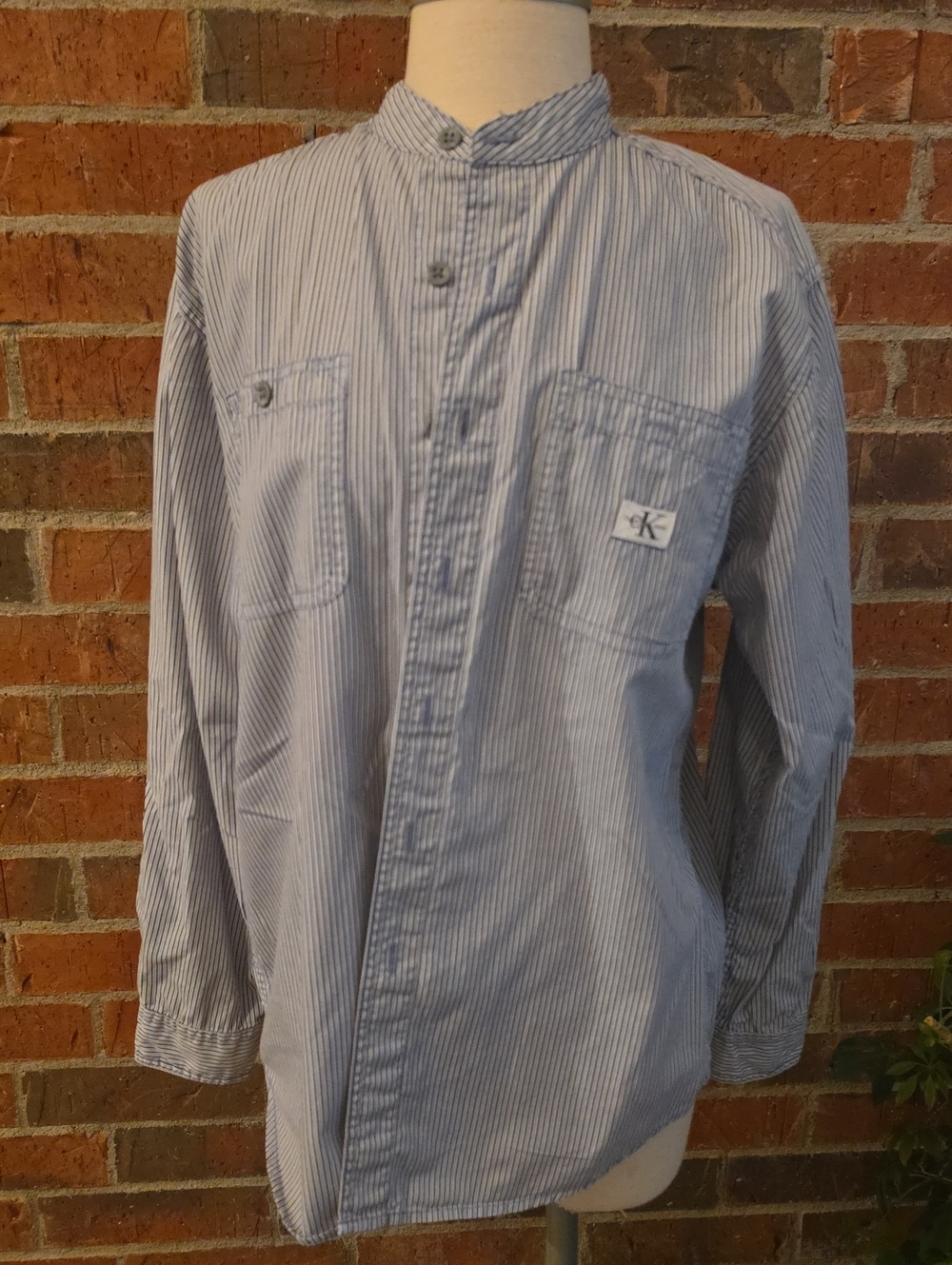 Calvin Klein Striped Mens Button Down Shirt Mandarin Collar Vintage Large